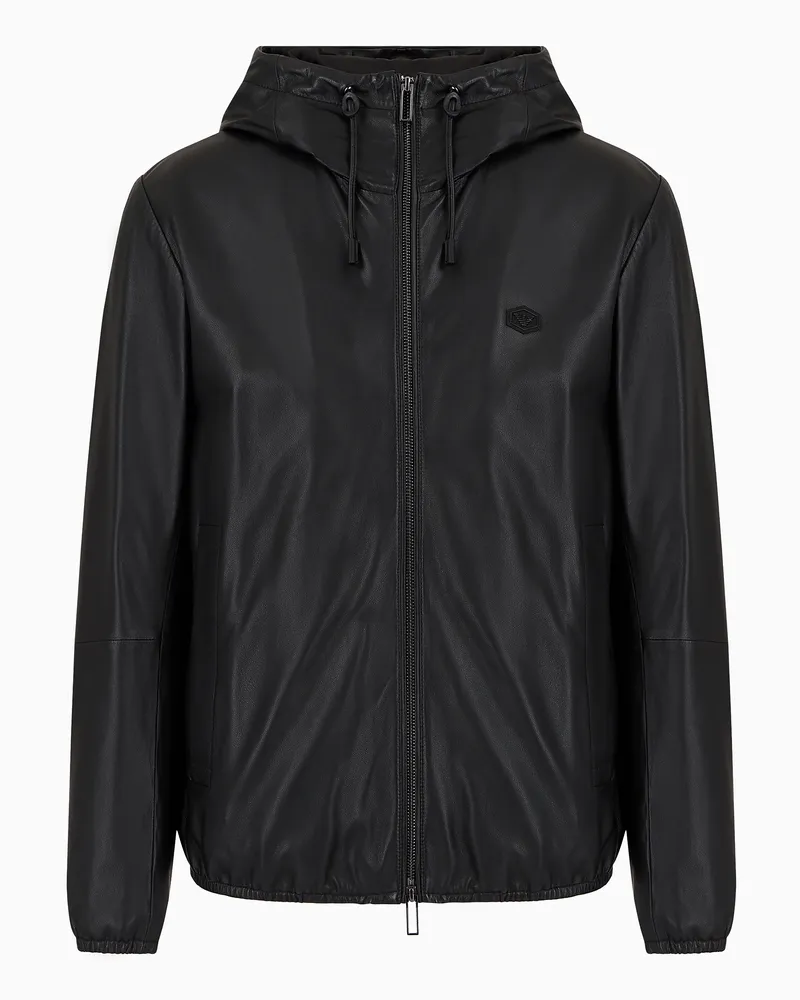 Emporio Armani Blouson mit durchgehendem Reißverschluss und Kapuze aus Semianilin-Lammnappaleder Schwarz