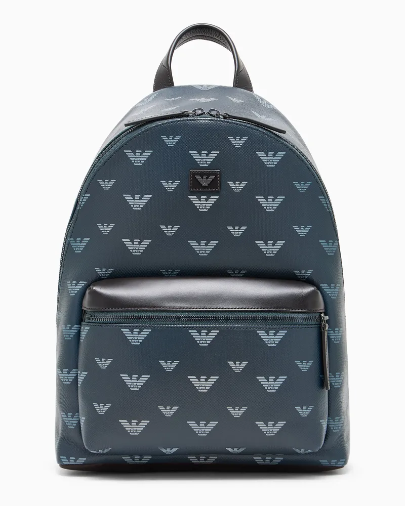 Emporio Armani Rucksack aus beschichtetem Canvas mit Allover-Adlerprint Blau