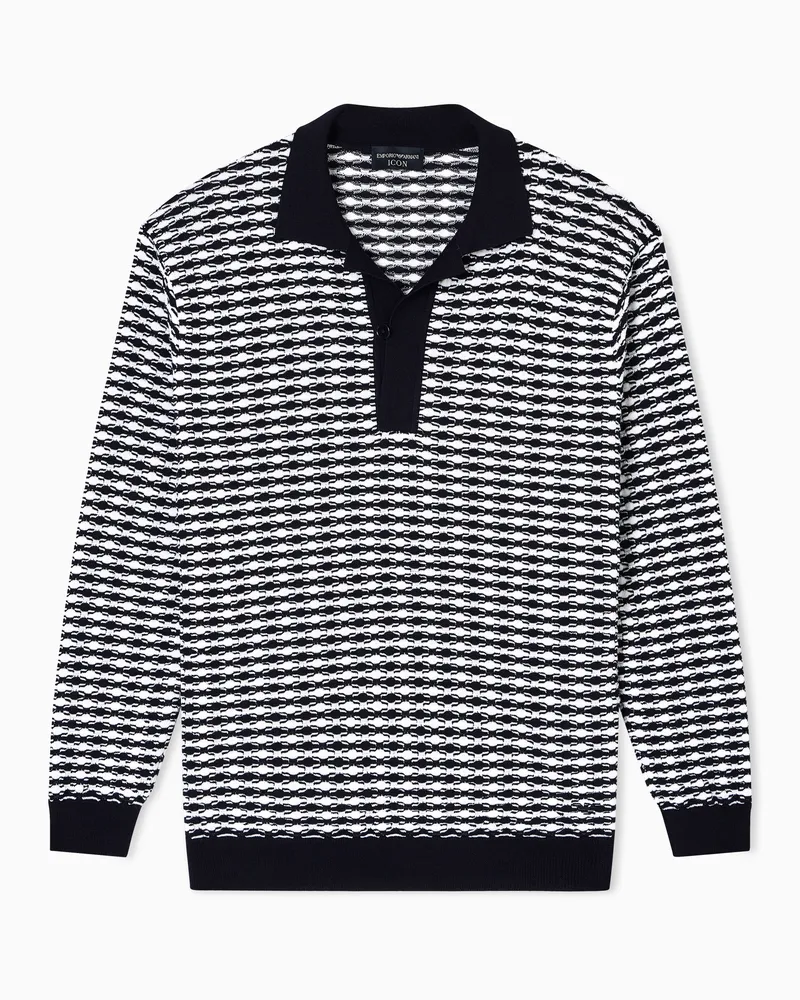 Emporio Armani Icon Pullover aus Schurwolle mit Polokragen und Prägung Weiß