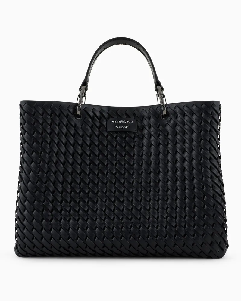 Emporio Armani Mittelgroßer Shopper MyEA aus geflochtenem Leder Schwarz