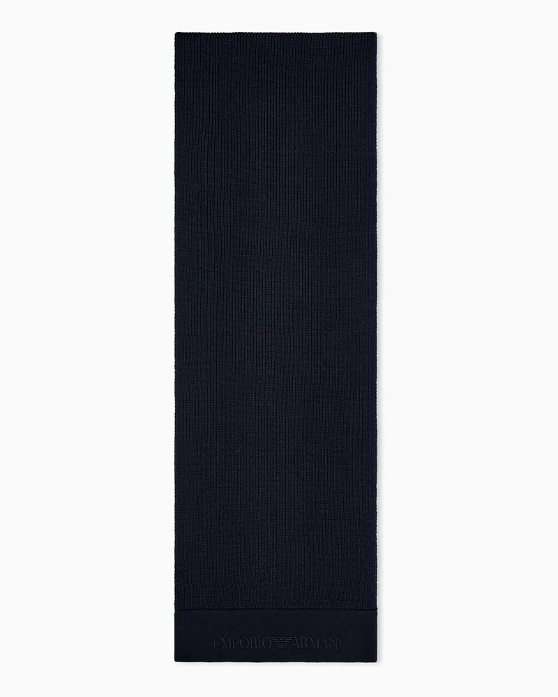 Emporio Armani Schal aus Schurwolle mit Rippstruktur und geprägtem Logo Marineblau