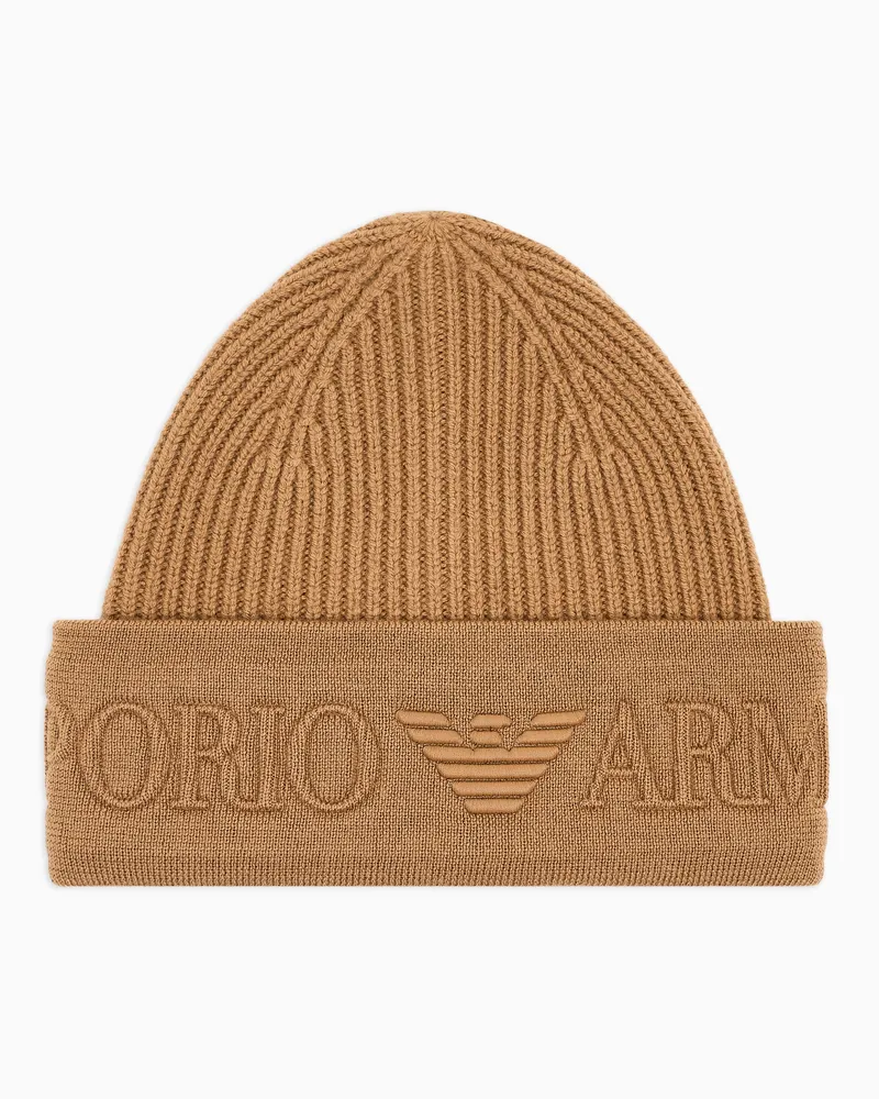 Emporio Armani Mütze mit Umschlag, gefertigt aus Wolle Beige