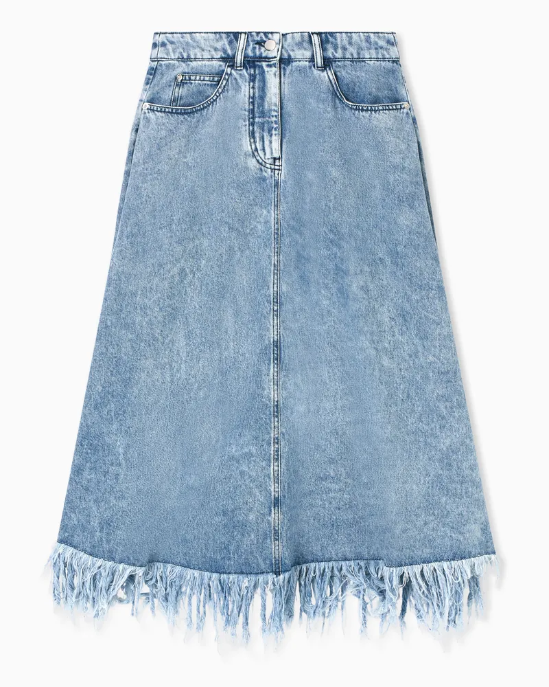 Emporio Armani Midirock aus Denim in Vintage-Optik mit Fransen Blau