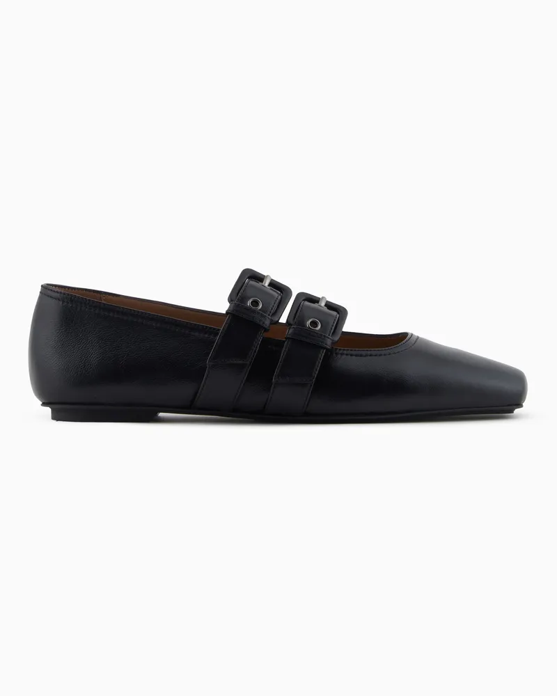 Emporio Armani Ballerinas aus Nappaleder mit eckiger Zehenpartie und doppeltem Riemen Schwarz