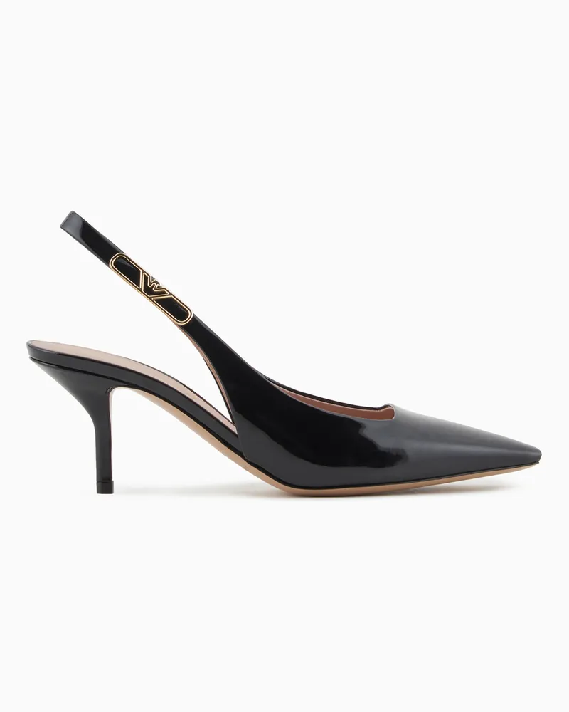Emporio Armani Slingback-Pumps aus Lackleder mit Adler-Plakette Schwarz