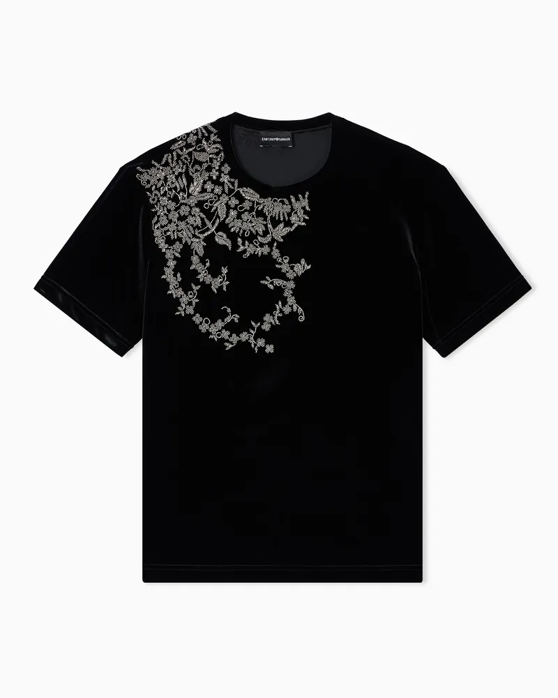 Emporio Armani T-Shirt aus Chenille-Jersey mit Perlenstickerei Schwarz
