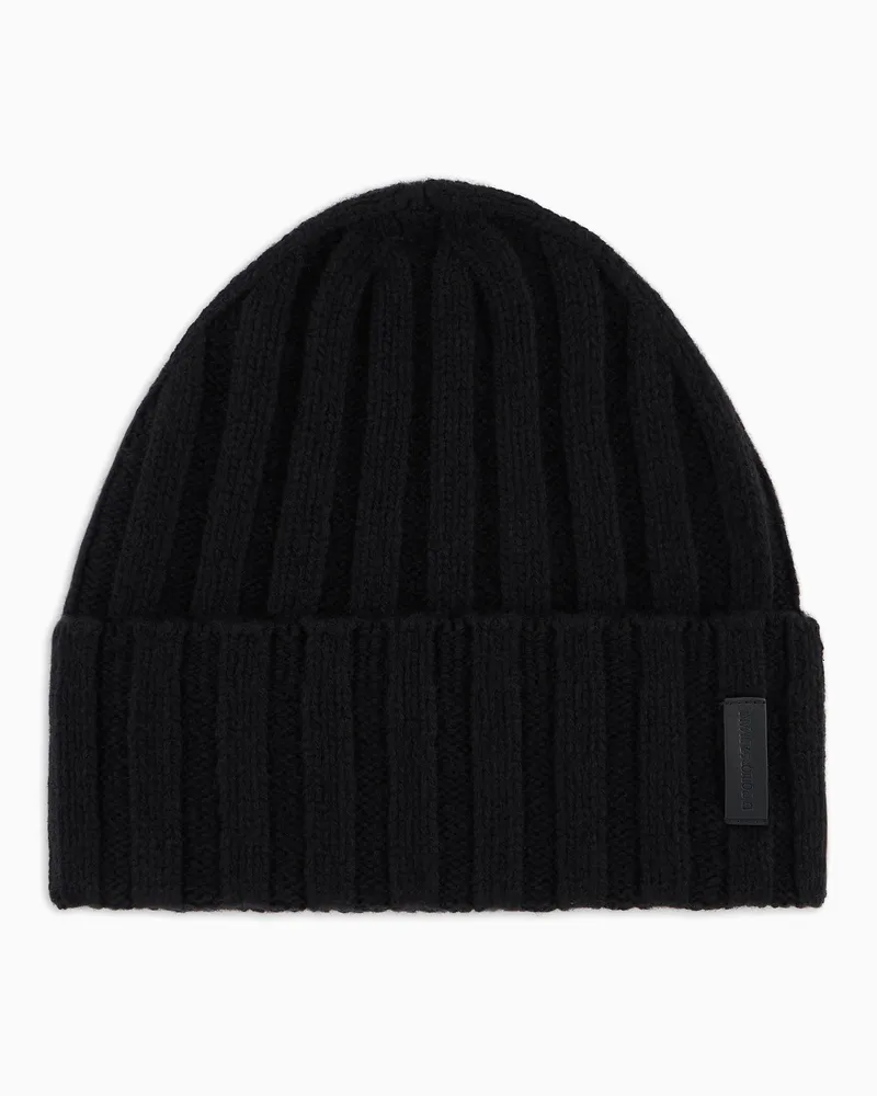 Emporio Armani Rippstrick-Mütze aus reinem Kaschmir Schwarz