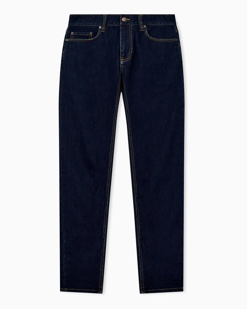 Emporio Armani Slim Fit 5-Pocket-Jeans mit Kontrastnähten und Leder-Patch Blau