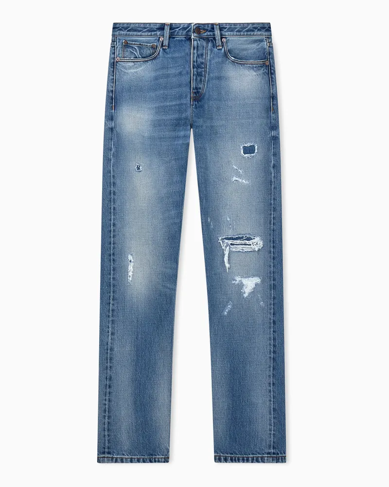 Emporio Armani Slim Fit 5-Pocket-Jeans aus Selvedge-Denim mit Rissen Blau