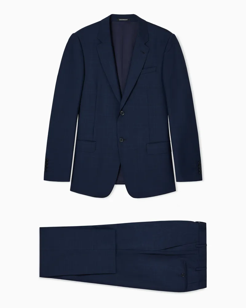 Emporio Armani Einreihiger Anzug aus Wollfresko mit Prince-of-Wales-Muster Blau