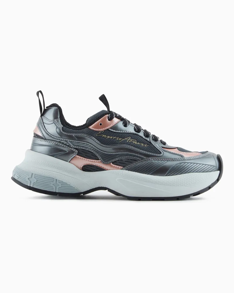 Emporio Armani Mesh-Sneaker mit laminierten Details und Logo-Schriftzug Weiß
