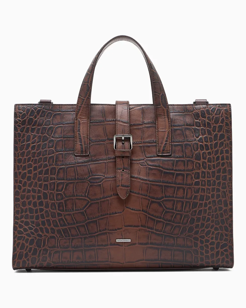 Emporio Armani Businesstasche aus Leder mit Kroko-Print Braun