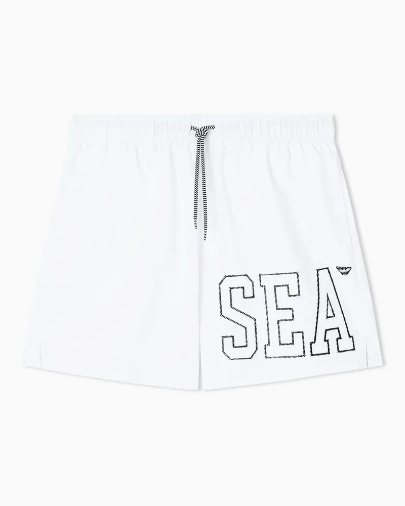 Emporio Armani Beachwear Shorts mit Meeresstickerei Weiß
