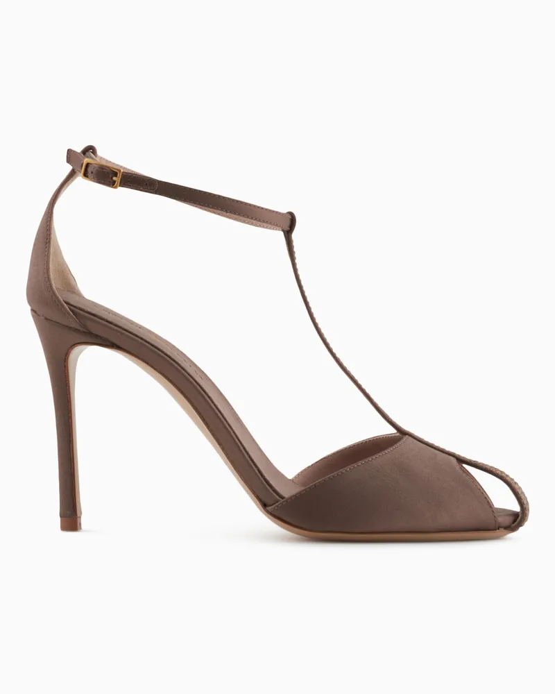 Emporio Armani T-Riemen-Sandalen mit Satinabsatz und Strasssteinen Beige