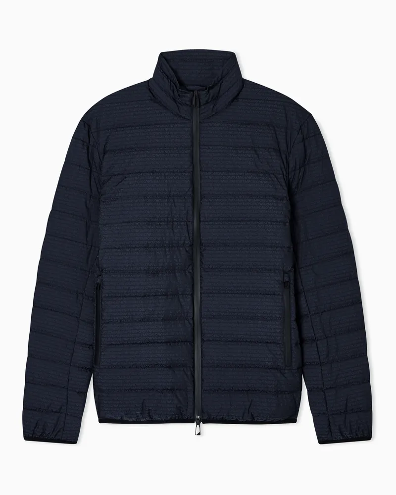 Emporio Armani Gesteppte, wasserabweisende Daunenjacke aus Nylon mit Schriftzug aus Jacquard-Stoff Marineblau