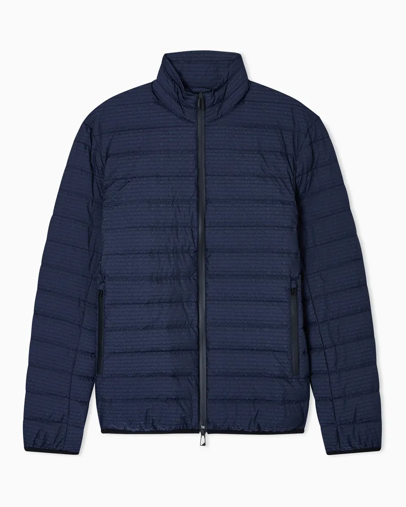 Emporio Armani Water repellent down jacket in quilted nylon with jacquard lettering logo Marineblau