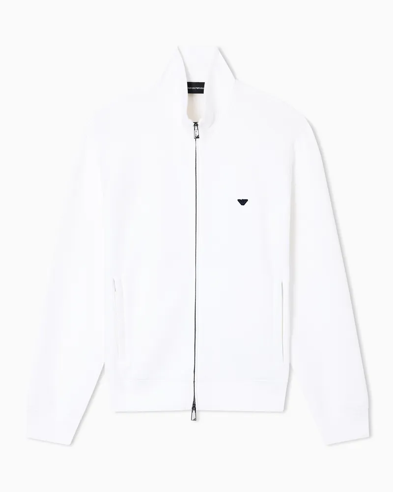 Emporio Armani Sweatshirt mit durchgehendem Reißverschluss aus doppellagigem Jersey mit Kapuze und gesticktem Mikro-Adler Weiß
