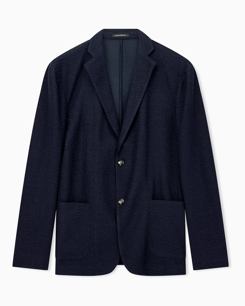 Emporio Armani Einreihiger Blazer aus Schurwolljersey mit 3D-Chevron-Muster Marineblau