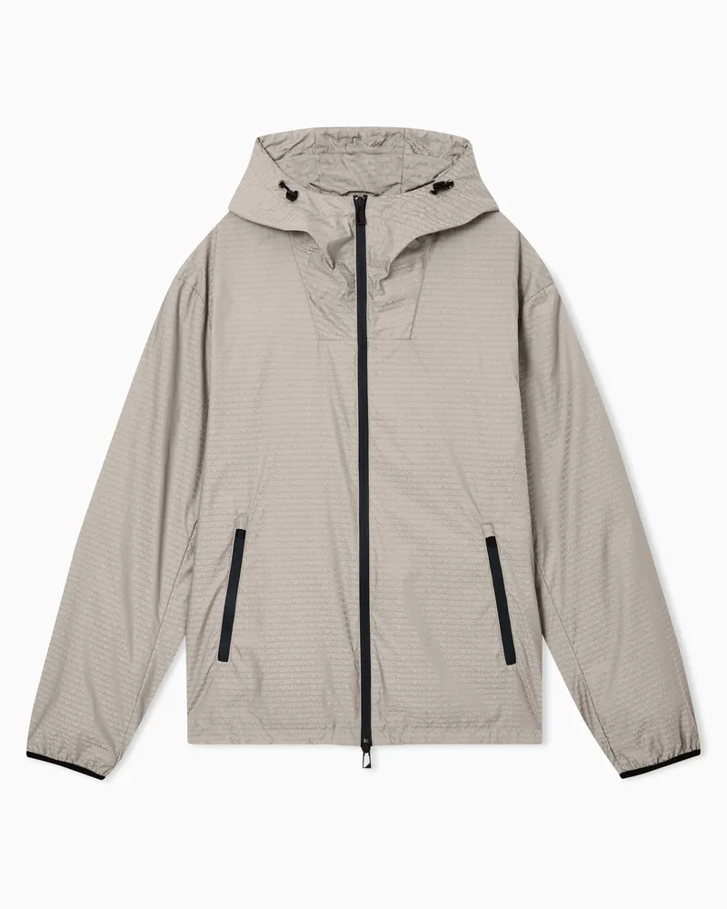 Emporio Armani Water repellent blouson in nylon jacquard with all over lettering Grau