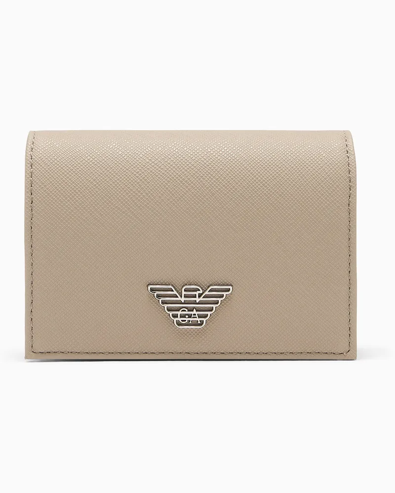 Emporio Armani Kartenetui aus wiederaufbereitetem Saffiano-Leder mit Adler-Plakette und Klappe Beige