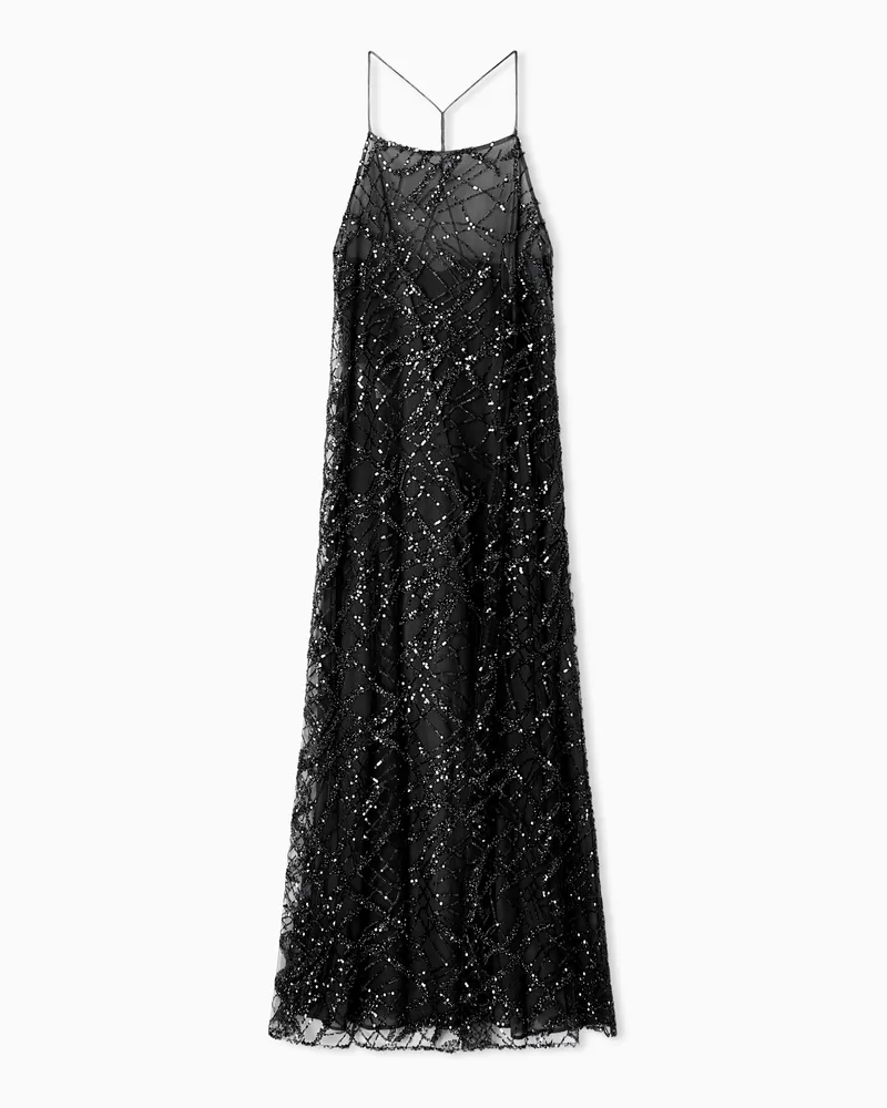 Emporio Armani Langes Kleid aus Tüll mit durchgehender Stickerei aus Mikropailletten und Schmucksteinen Schwarz