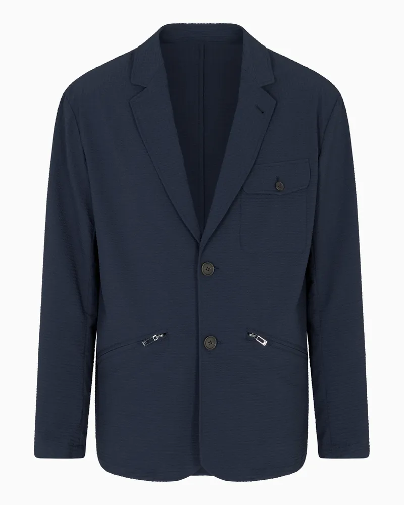 Emporio Armani Einreihiger Blazer aus Nylon-Seersucker Marineblau