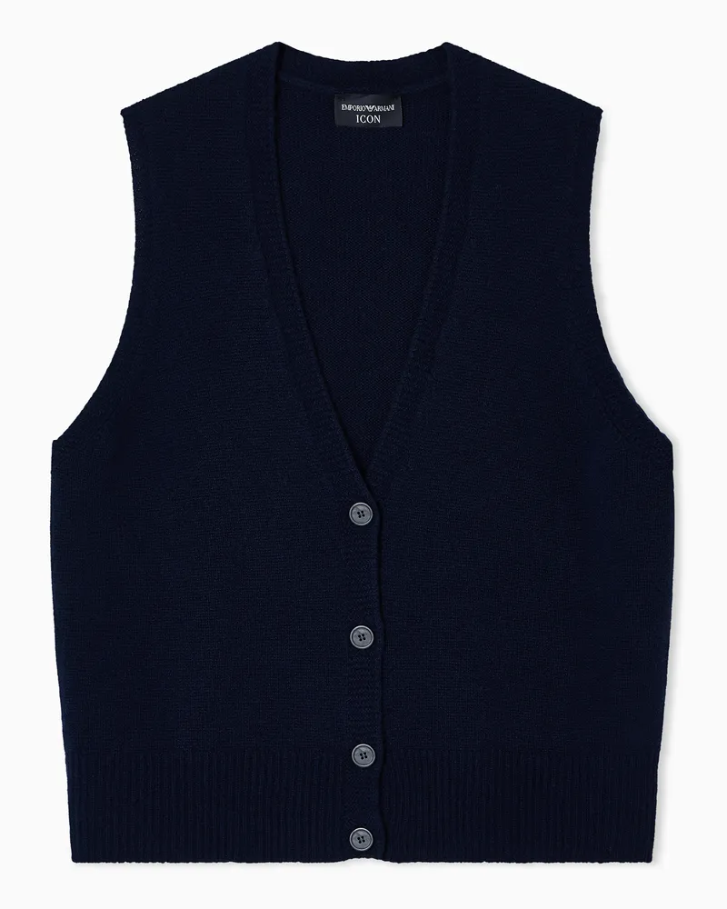 Emporio Armani Einreihige Weste Icon aus reinem Kaschmir in Glattstrick Marineblau