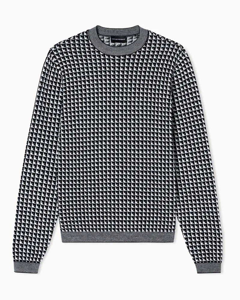 Emporio Armani Pullover aus Schurwolle in Jacquard-Stoff-Verarbeitung mit wiederholtem Adler-Muster Schwarz
