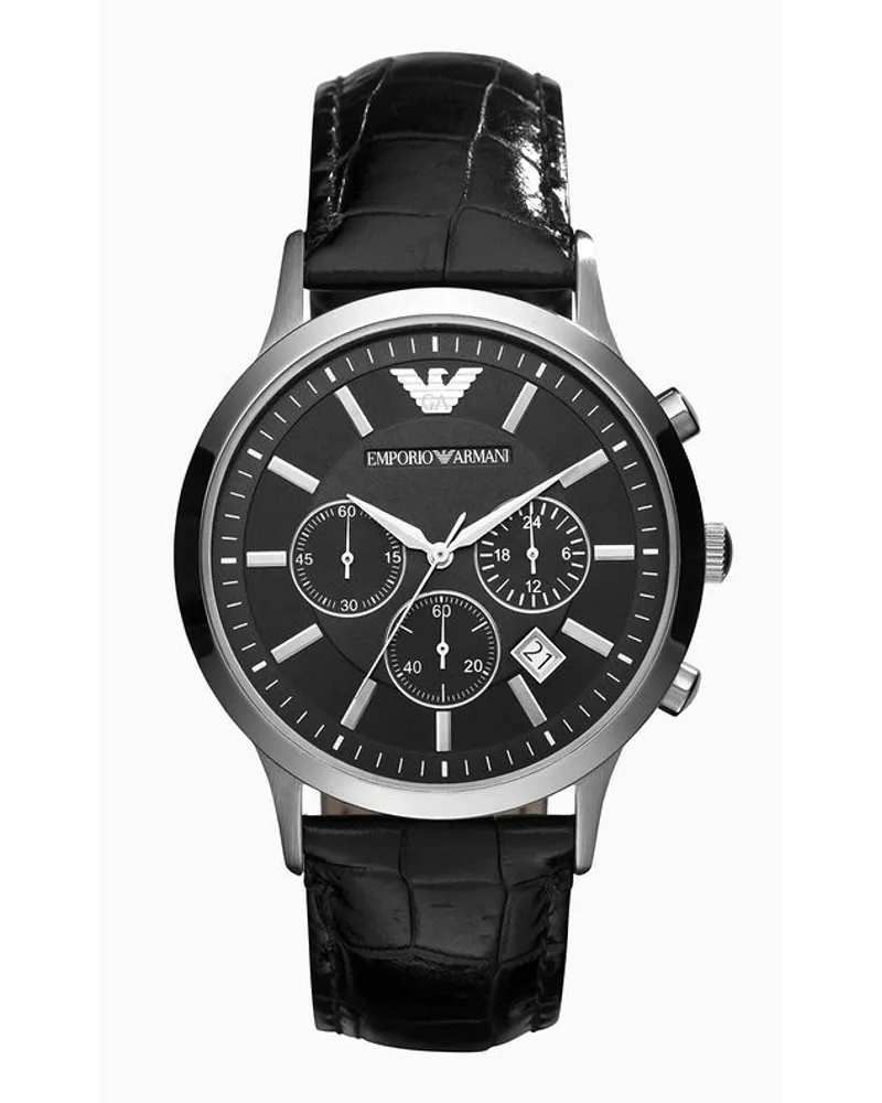 Emporio Armani Herren-zweizeigeruhr mit Schwarzem Lederarmband Schwarz