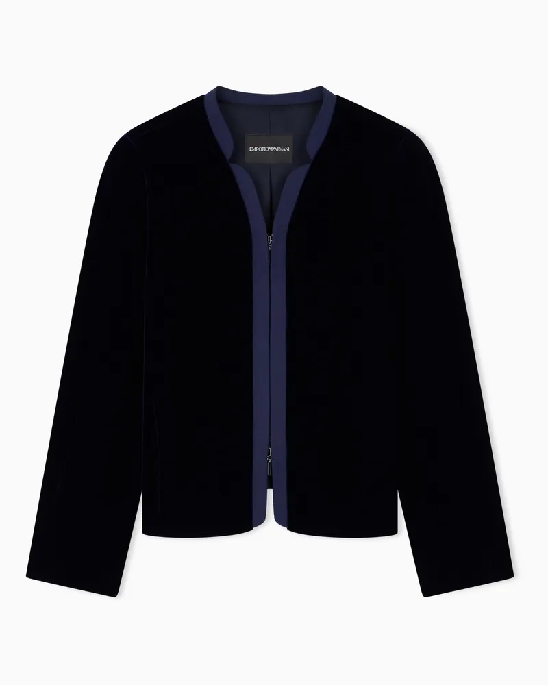Emporio Armani Kragenloser Samtblazer im Regular Fit mit Reißverschluss Marineblau