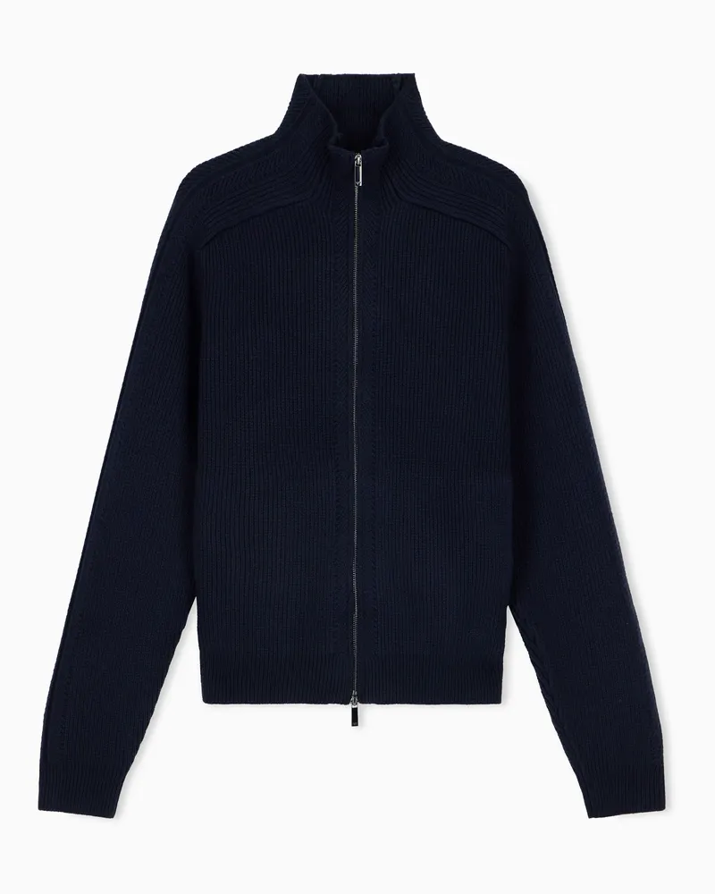 Emporio Armani Cardigan aus Schurwolle mit Rispenstichverarbeitung und durchgehendem Reißverschluss, Signature Sonderkollektion Marineblau