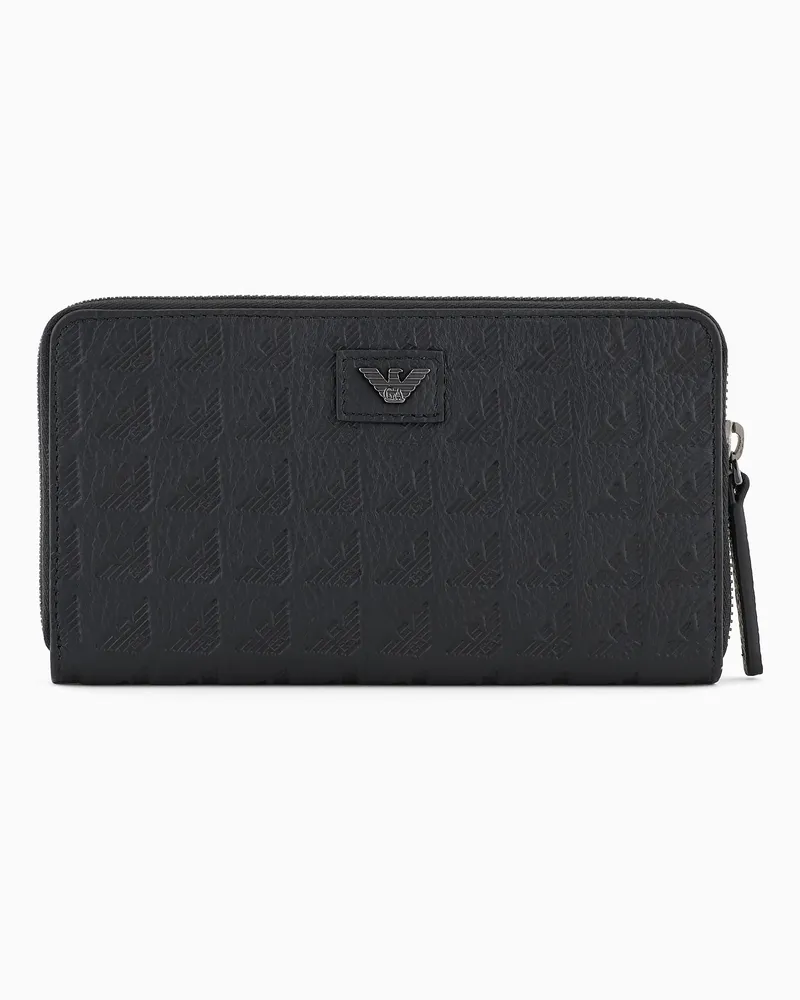Emporio Armani Portemonnaie mit Rundum-Reißverschluss aus Leder mit geprägtem Allover-Adler Schwarz