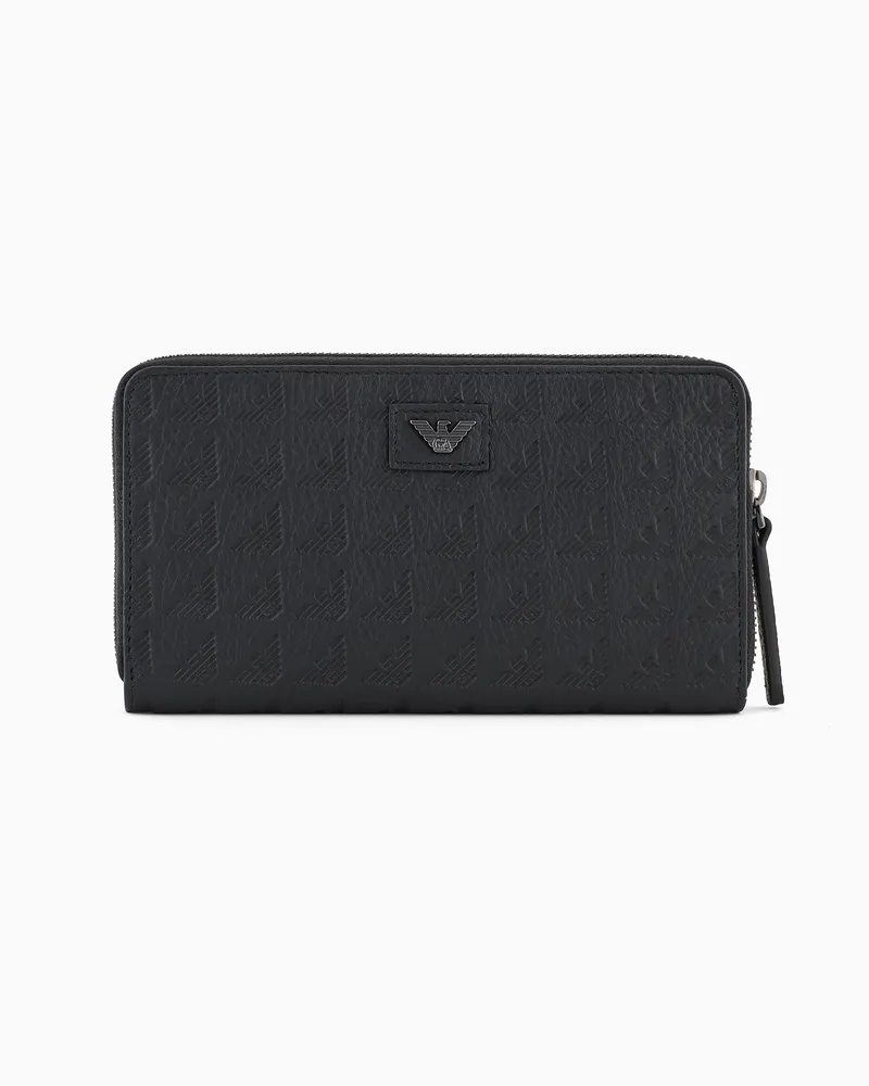 Emporio Armani Portemonnaie mit Rundum-Reißverschluss aus Leder mit geprägtem Allover-Adler Schwarz