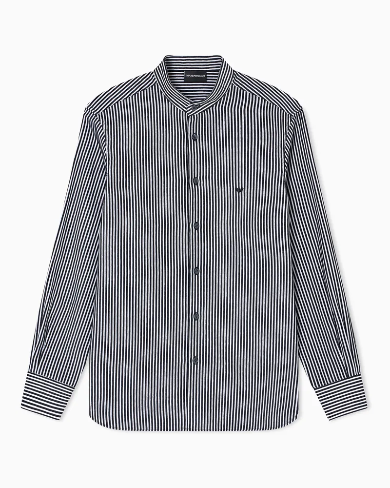 Emporio Armani Hemd mit Grandad-Kragen und gestreiftem Chenille-Muster Blau