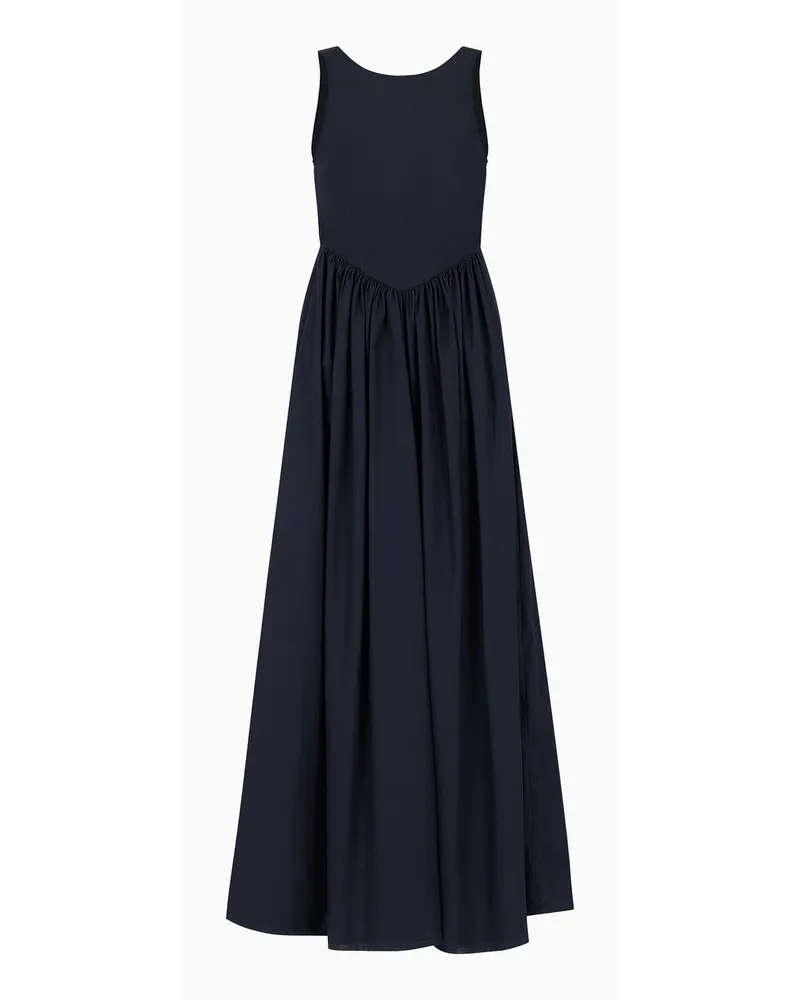 Emporio Armani Langes Kleid mit Weitem Rock und Geraffter Taille aus Popeline Marineblau