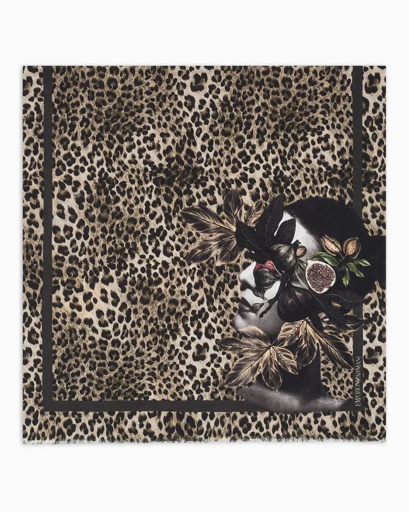 Emporio Armani Schal aus Schurwolle mit Damen-Print und Foliage-Muster Beige