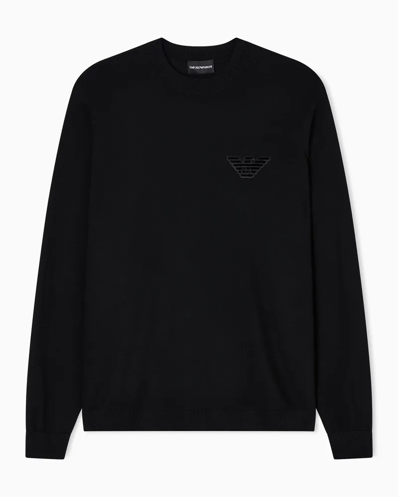 Emporio Armani Pullover aus Schurwolle in Glattstrick mit Adler-Patch Schwarz