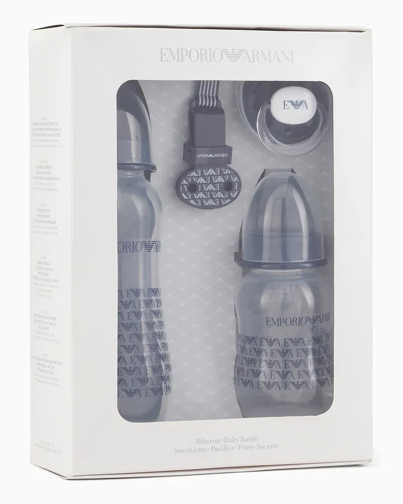 Emporio Armani Babycare-Geschenkset mit zwei Trinkflaschen, Schnuller und Kordel mit Clip Blau