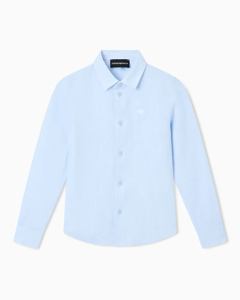 Emporio Armani Hemd aus Leinen mit Adler-Stickerei Hellblau