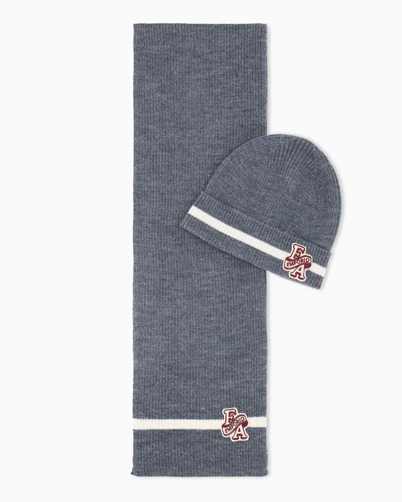 Emporio Armani Strickset aus Mütze und Schal im Rippstrick mit Schurwolle Grau