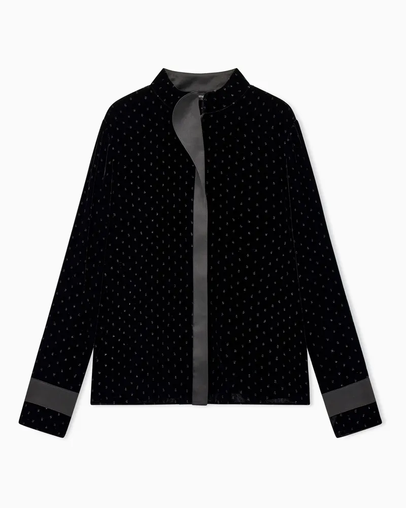 Emporio Armani Samtbluse Regular Fit mit Glitzerpunkten und Stehkragen Schwarz