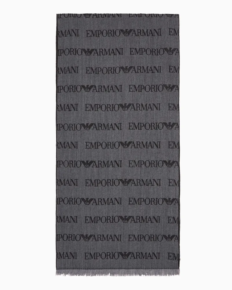 Emporio Armani Schal aus Schurwollgemisch mit Logo-Lettering in Jacquard und Fransen Grau