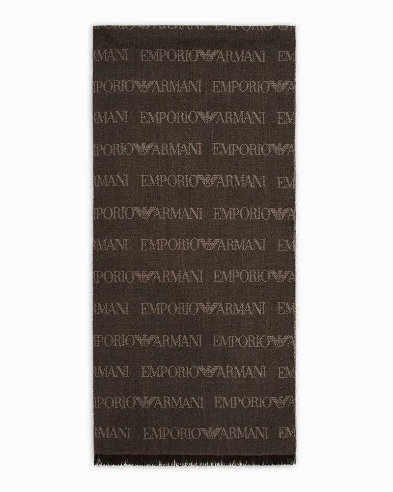 Emporio Armani Schal aus Schurwollgemisch mit Logo-Lettering in Jacquard und Fransen Braun