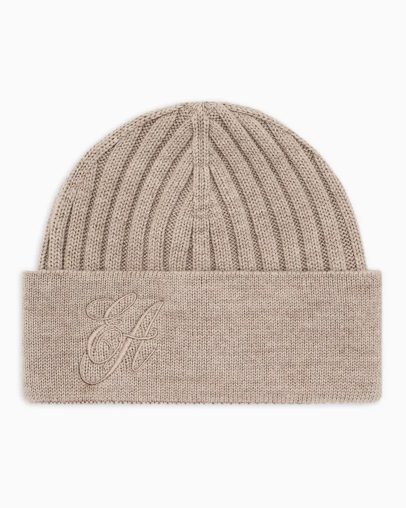 Emporio Armani Gerippte Wollmütze mit gesticktem EA-Logo-Schriftzug Beige