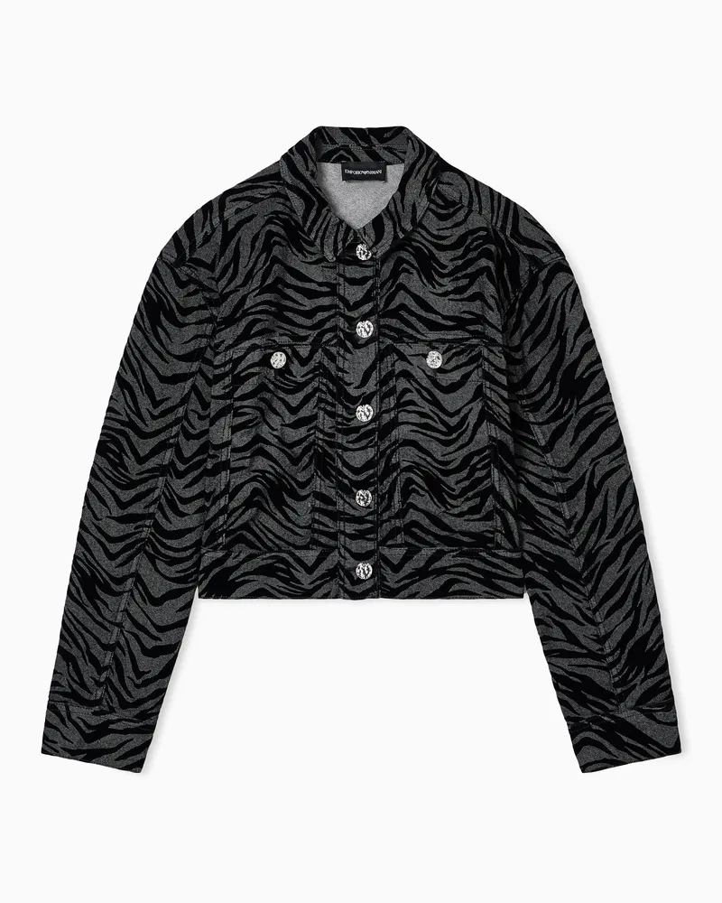 Emporio Armani Jacke aus stückgefärbtem Drillich mit Flock-Tiermuster Schwarz