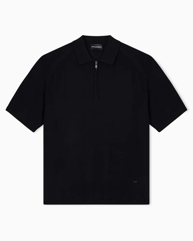 Emporio Armani ASV Pullover mit Polokragen, gefertigt aus einer Woll–Lyocell-Mischung in Glattstrick Schwarz