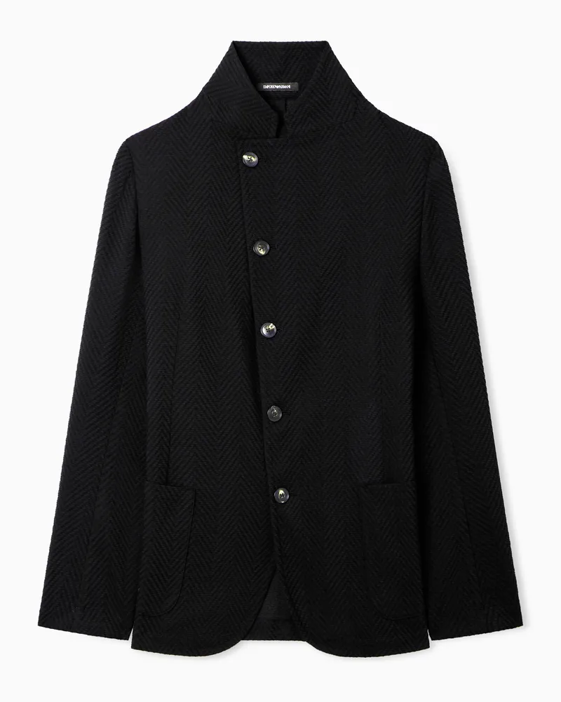 Emporio Armani Jacke mit Grandad-Kragen und versetztem Verschluss, aus 3D-Chevron-Schurwolle Schwarz