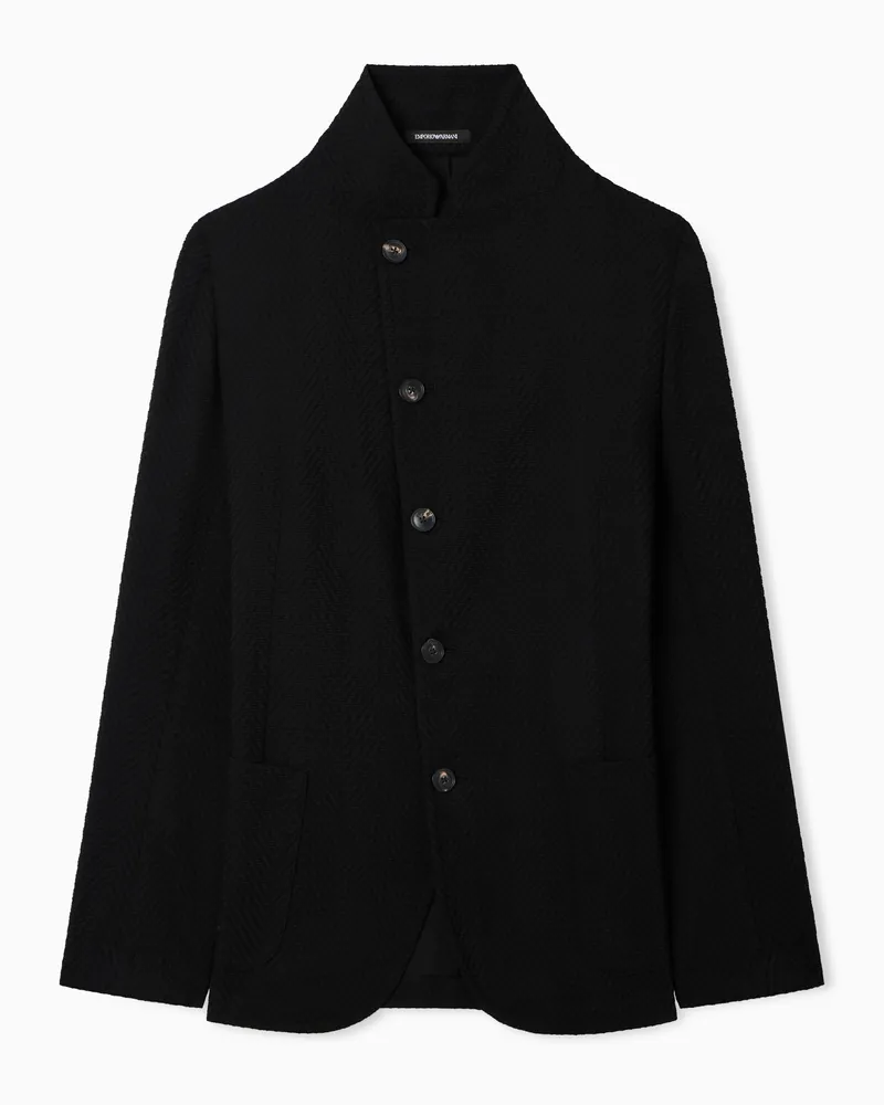 Emporio Armani Jacke mit Grandad-Kragen und versetztem Verschluss, aus 3D-Chevron-Schurwolle Schwarz