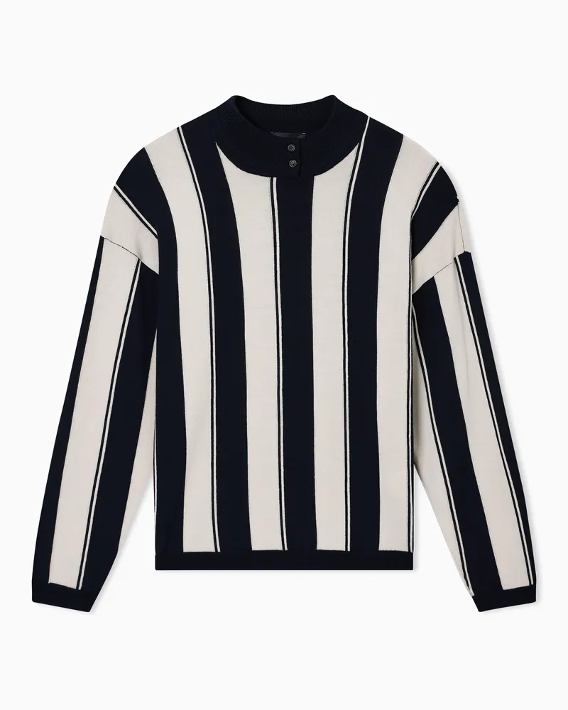 Emporio Armani Pullover aus Schurwolle mit Glattstrick-Verarbeitung und gestreifter Intarsie Blau