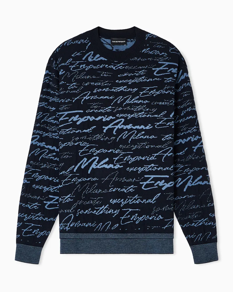 Emporio Armani Pullover aus einer Schurwoll-Mischung in Jacquard-Stoff-Verarbeitung, mit Allover-Logo-Schriftzug Blau